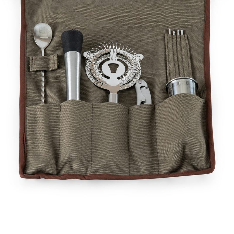 PICNIC TIME 10-Piece Bar Tool Roll Up Kit, Travel Bartender Kit with Bag and Cocktail Set, Mixology Bartender Travel Set with Waxed Canvas Storage Pouch and Cocktail Accessories, (Khaki) - Image 5